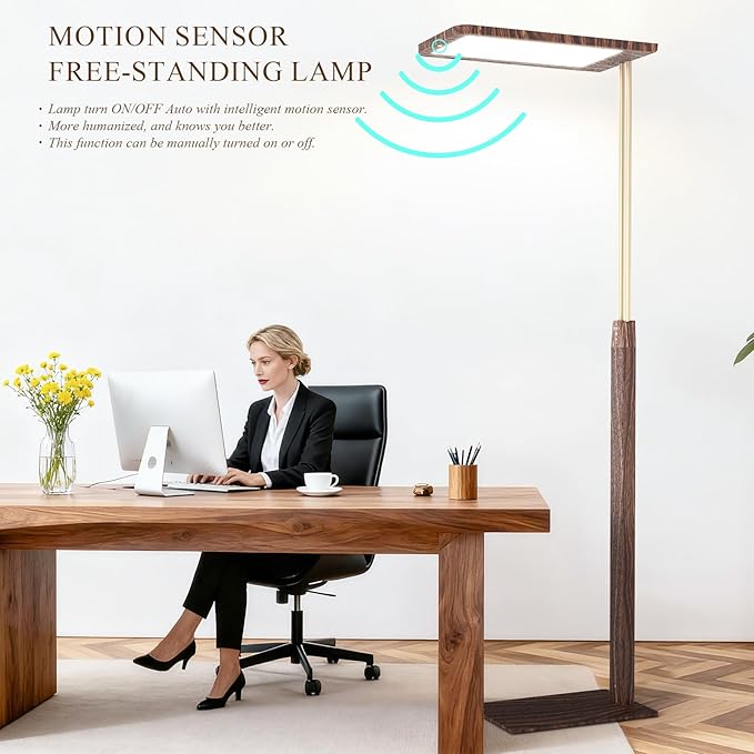STERREN Modern Vintage Industrial LED Floor Lamp, Eye-Care Height Adjustable Free-Standing Lamps, Full Spectrum Light for Reading, Office, Meeting Room, 2700-5000K, Black Walnut Wood Finish