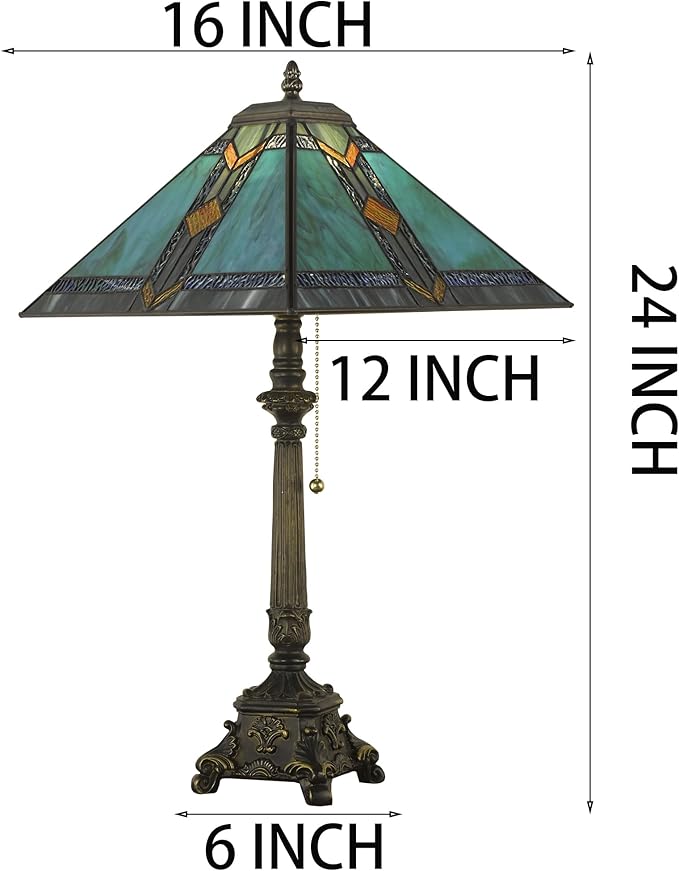 Tiffany Table Lamps Blue Stained Glass Striped Checkered Style Mission Desk Lamp 12X12X24 Inch Bronze Resin Base
