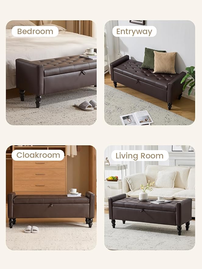 47" Storage Ottoman Bench, End of Bed Bench for Bedroom, Leather Upholstered Ottoman with Storage for Living Room, Entryway, Window (Brown)