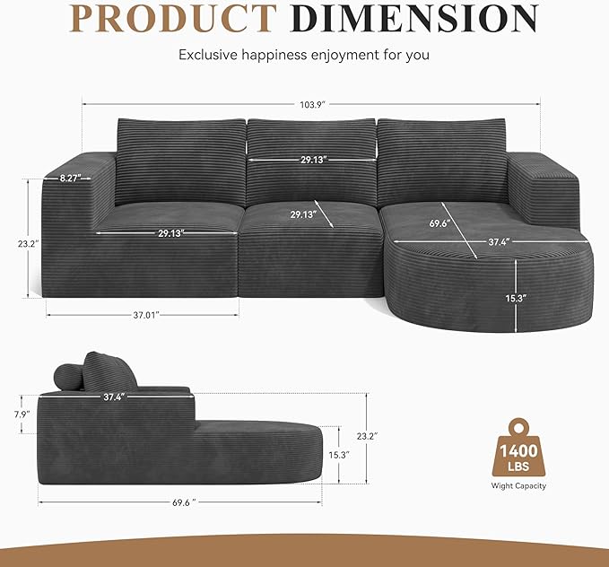Modular Sectional Sofa with L-Shape Chaise,Cloud Sectional Modern Sleeper Couch with Deep Seat,Sponge Compression Sofas No Assembly Required (Dark Gray-Corduroy Fabric) 1PCS