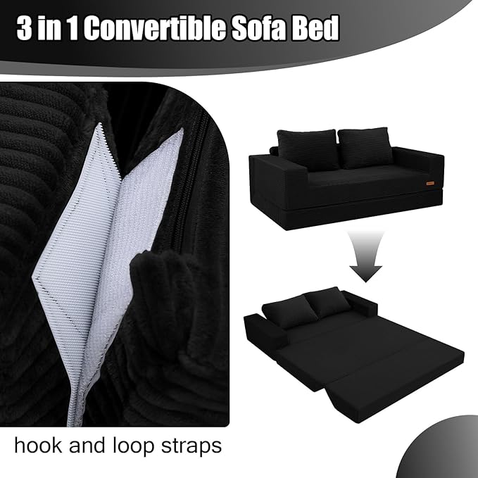 COMAX Convertible Sofa Bed Queen, Corduroy Folding Floor Couch Pull Out Couch Bed Futon Sleeper with Pillows, Fold Out Boneless Sofa Comfy Lounge Mattress Loveseat for Living Room Bedroom, Black