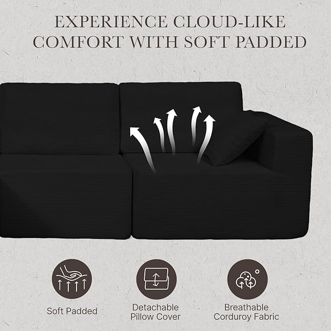 108” Modular Sectional Sofa Couch with Ottoman, 3-Seater Boneless Couch, L Shape Sectional Sofa Compressed Sofa for Living Room Bedroom, No Assembly Needed (Black, 3 Seats+1 Ottoman)