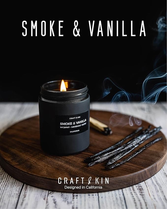 Craft & Kin Premium Smoke & Vanilla Candle | Black Christmas Scented Candles for Men | Long Lasting with 45 Hour Burn Time, 7.6oz | Soy Holiday Candle | Aromatherapy at Home | Gifts for Men