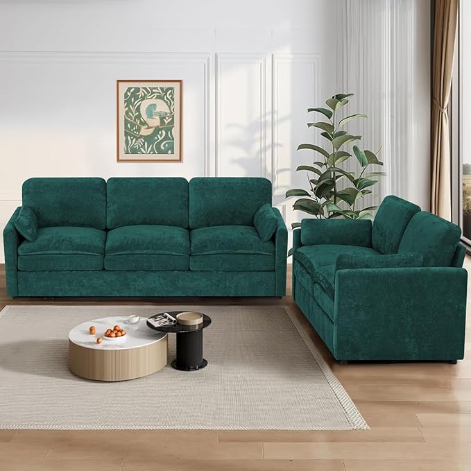 2 Pieces Chenille Sofa Set w/Arm Pillows, Upholstered Loveseat & 3 Seater Sofa w/Comfortable Back Cushions, Modern 2-Seat & 3-Seat w/High-Density Foam for Living Room, Apartment, Teal