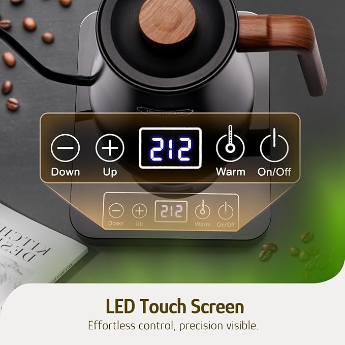 Hazel Quinn Gooseneck Electric Kettle - 0.8L / 27oz, Precise Temperature Control, 4-Hour Keep Warm, 1000W Fast Boil, 304 Stainless Steel Interior, Ideal for Coffee & Tea - Black