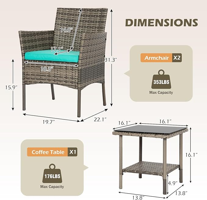 FDW 3 Piece Outdoor Furniture Set Patio Gray Wicker Chairs Furniture Bistro Conversation Set 2 Rattan Chairs with Blue Cushions and Glass Coffee Table for Porch Lawn Garden Balcony Backyard