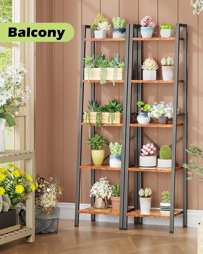 Furologee 5 Tier Ladder Shelf Bookcase, Tall Narrow Bookshelf with 2 Hooks, Rustic Brown Bathroom Corner Book Shelf, Metal Wood Book Case Standing Unit, Display Shelf for Living Room Office Kitchen