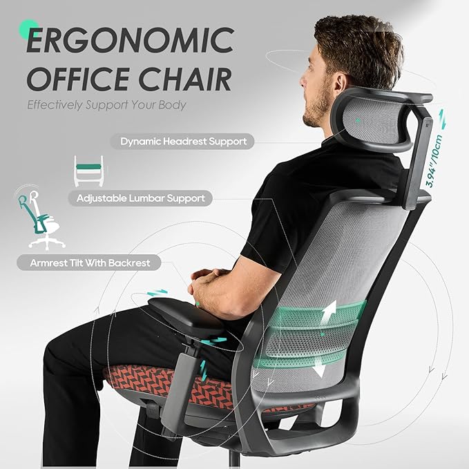 COLAMY Ergonomic Office Chair, Mesh Desk Chair with High Back, Lumbar Support, Adjustable Headrest and 4D Arms, Slide Seat, Tilt Lock-Coral