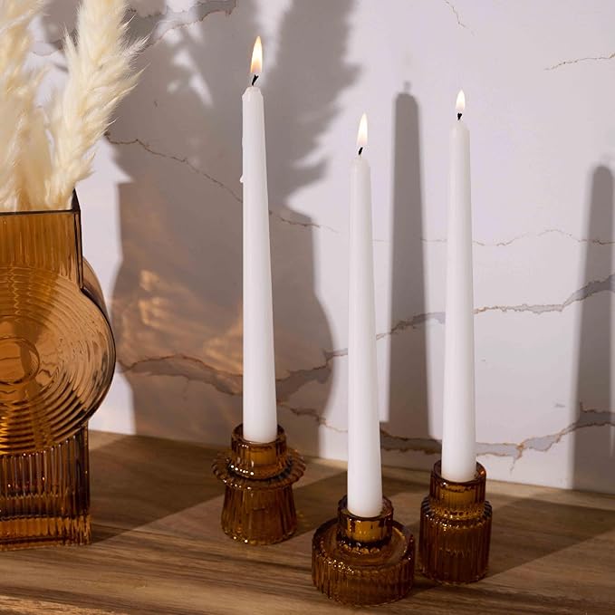 Bask 10-inch Taper Candles - Unscented and Dripless - Burns for 8 Hours - Home Decor for Dinner Table, Kitchen, and Bedroom - Perfect for a Romantic Date or Anniversary - 12-Pack - White