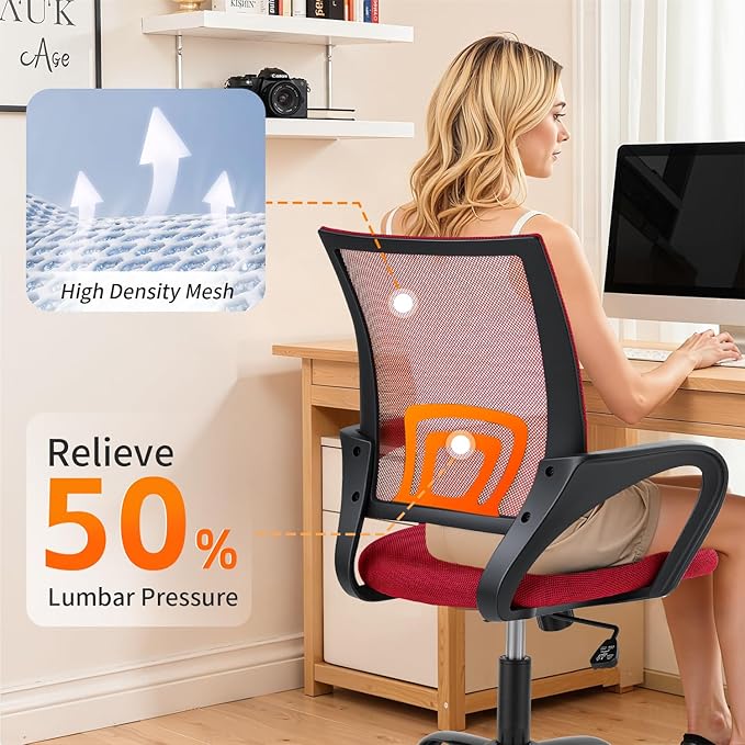 BestOffice Office Chair Ergonomic Cheap Desk Chair Mesh Computer Chair Lumbar Support Modern Executive Adjustable Stool Rolling Swivel Chair for Back Pain (Red)