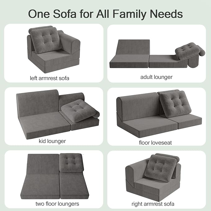 COMAX Folding Sofa Bed, 8-in-1 Foldable Floor Couch Corduroy Convertible Futon Sofa, Fold Out Chair Bed Sleeper Mattress Comfy Portable Lounge Loveseat Guest for Living Room Bedroom, Dark Grey