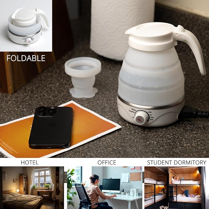 Nikao Home Foldable Electric Kettle Plus Milk Frother and Foldable Cup –Travel Kettle, Portable Tea Kettle for Travel, Mini Collapsible Water Warmer, Compact Design for Easy Storage and Quick Heating.