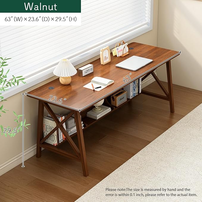 Extra Long Desk with Bookshelf - Wooden Home Office Work Study Table, 2-Person Writing Computer Workstation with Storage Shelf in Walnut, 63" Wx24 Dx30 H
