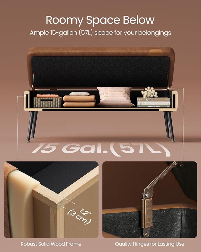 VASAGLE EKHO Collection - Storage Ottoman Bench, Entryway Bedroom Bench, 15 Gallons, Synthetic Leather with Stitching, Mid-Century Modern, Safety Hinges, Loads 660 lb, Caramel Brown ULOM074K01
