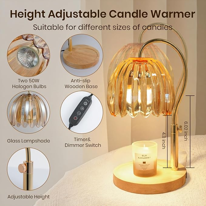 Candle Warmer Lamp with Timer & Dimmer, Height Adjustable Electric Candle Lamp Warmer for Scented Jar Candles with 2 Bulbs, Modern Home Decor Gifts for Women Mom
