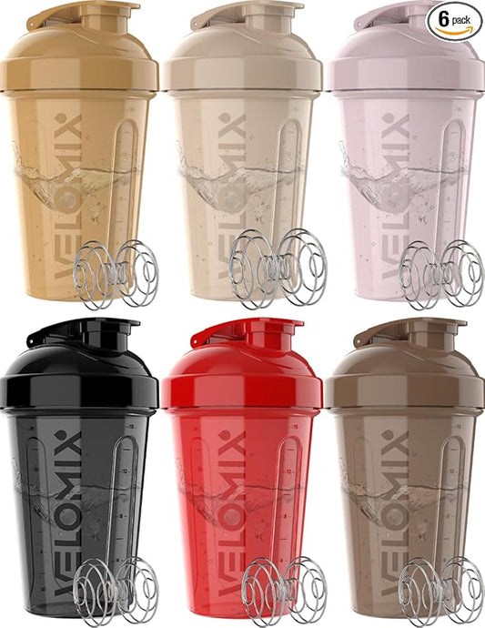 VELOMIX -6 PACK- 20 OZ Protein Shaker Bottles for Protein Mixes, Shaker Cups for Protein Shakes, Small Shaker Bottle Pack, Shaker Cup, Shakers for protein Shakes (Midnight Clay - 6 Pack)