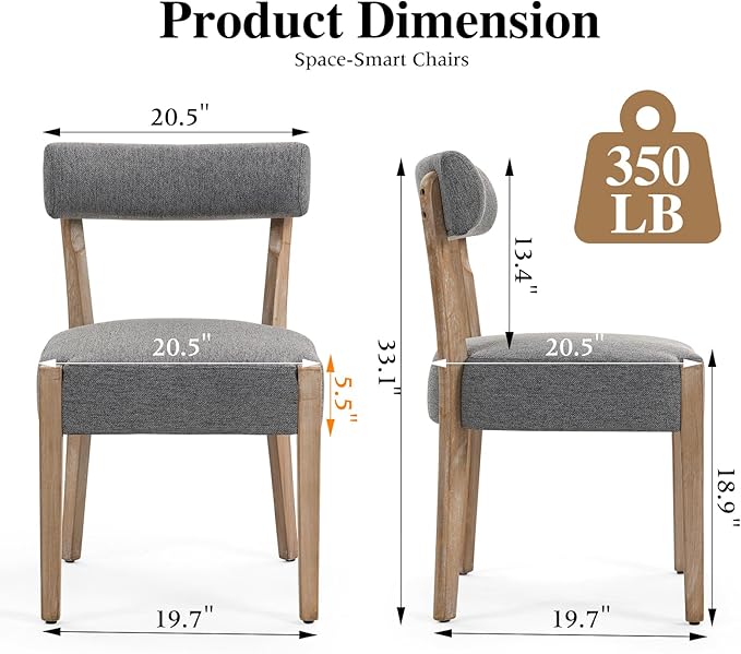 Dining Chairs Set of 2,Mid Century Modern Dining Chair Set - Linen Upholstered Low Back Kitchen & Dining Room Chairs with Woven Design,Grey Fabric