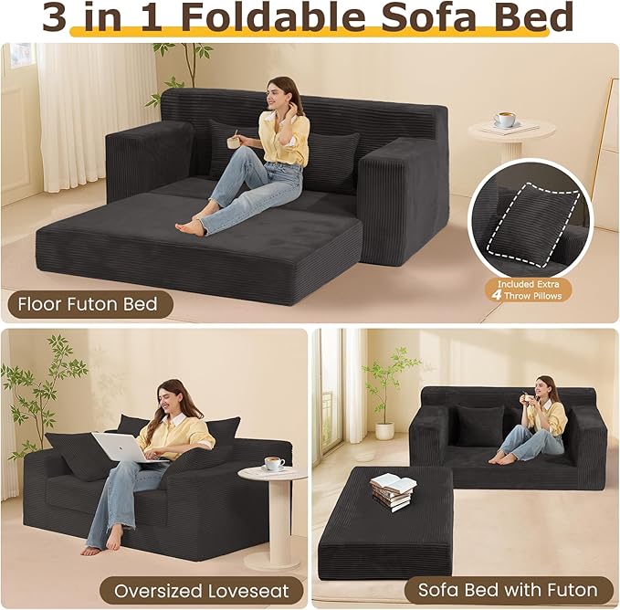 Convertible Sofa Bed, 3 in 1 Loveseat Folding Couch Bed Foldable - Chaise Lounge Chair & Floor Futon Sleeper, Corduroy Pull Out Sofa Bed with 4 Pillows for Living Room, Black