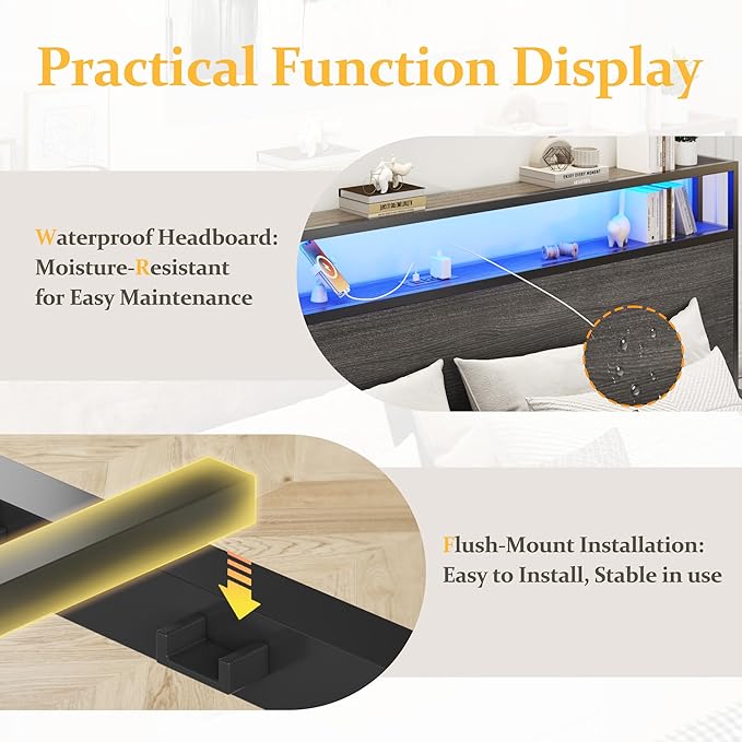 Lifezone King Bed Frame with 2-Tier Storage Headboard, Metal Platform Bed Frame with 4 Storage Drawers, Built in Charging Station & LED, Noise-Free/Metal Support/No Box Spring Needed, Rustic Grey