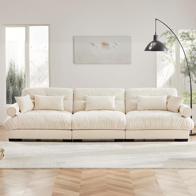 130" Oversized Couch, 3 Seater Modular Sectional Sofa, Beige White Large Sectional Couches for Living Room, Fluffy Couch Set, 3 Seater Velvet Cloud Couches with 5 Pillows, Deep Seat for Living Room