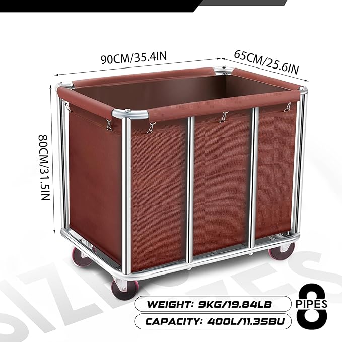 Commercial Laundry Cart with Wheels, 11.35 Bushel Large Laundry Tumbler with Removable Waterproof Canvas Lined Basket, Heavy Duty Stainless Steel Laundry Basket for Hotels and Hospitals