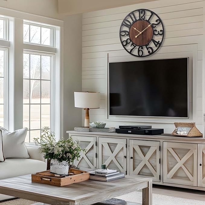 Vantic 32 Inch Large Wall Clock, Arabic Numeral Wood Oversized Wall Clocks for Living Room Decor, Farmhouse, Bedroom and Kitchen, Completely Silent, Non Ticking, Battery Operated