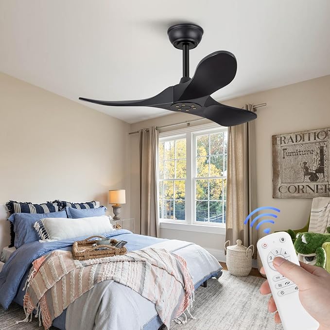 36 Inch Solid Wood Black Ceiling Fan with Remote,Ceiling Fan no Light,6 Speeds,Noiseless,Reversible DC Motor,Modern Ceiling Fans without Lights for Bedroom Farmhouse Kids Room