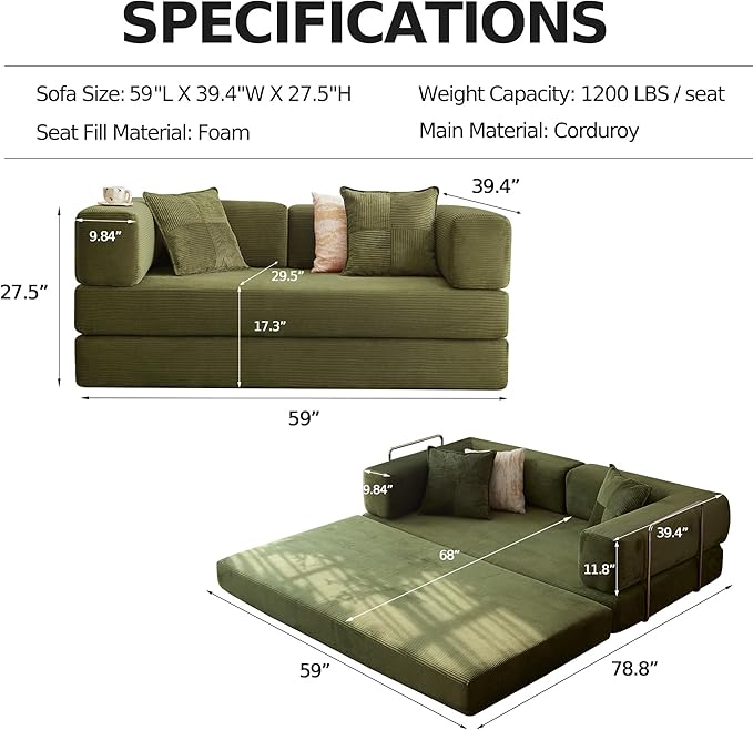 59''Convertible Sleeper Sofa Bed,Compressed Floor Boneless Couch,Modular Modern Corduroy Sofa for Living Room Bedroom -with Fixed-Shape Frame and Support Armrest,Easy Assembly(Green)