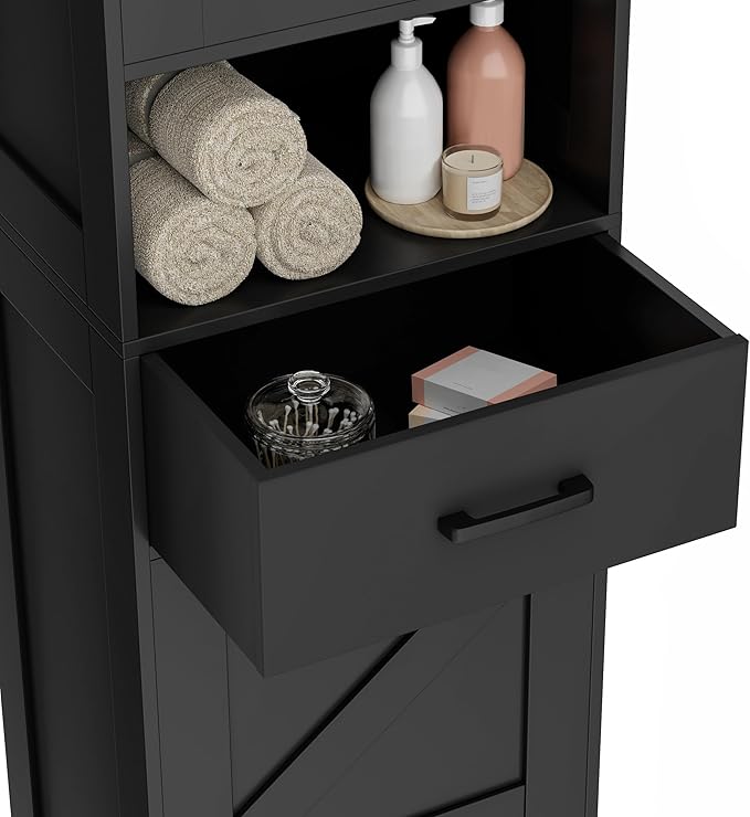 Homhedy 67" H Tall Bathroom Storage Cabinet with 2 Barn Doors and 1 Drawer, Narrow Storage Unit, Adjustable Shelves, Floor Cabinet for Bathroom, Living Room, Entryway, Kitchen, Black, (15.7" W)