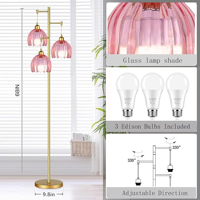 Vintage Floor Lamps for Living Room Bedroom-3 Light Glass Floor Lamp with Three Led Bulb, Tall Flower Floor Lamp Gold Mid Century Modern Standing Lamp Tree Floor Lamps for Living Room Bedroom Corner
