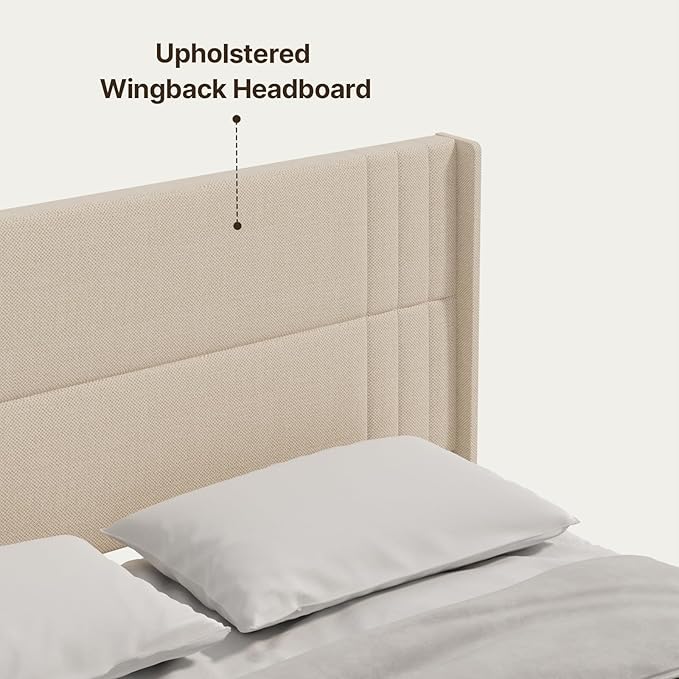Gizoon King Bed Frame with Wingback Headboard, Upholstered Platform Bed with Modern Geometric Headboard, Wooden Slats, Noise-Free, No Box Spring Needed
