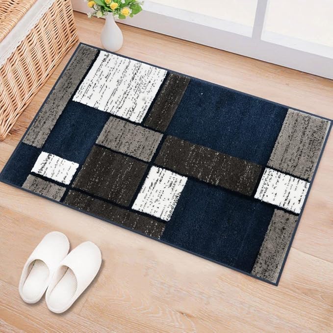 Rugshop Modern Geometric Boxes Navy Area Rug, Non-Shedding Carpet for Entryway, Bathroom, or Small Space, 2' x 3'
