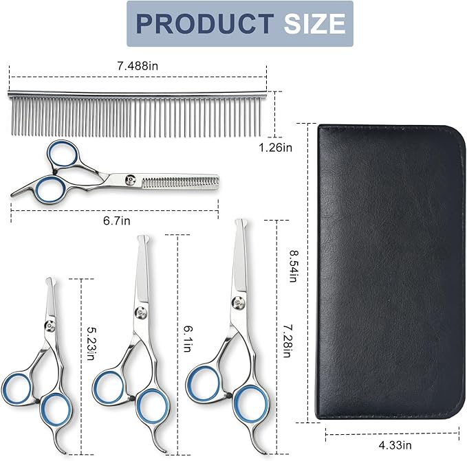 Dog Grooming Scissors Set, 6-in-1 Dog Shears for Grooming, 6 Inches Stainless Steel Professional Dog Grooming Scissors, Pet Grooming Scissor for Dogs with Safety Round Tips