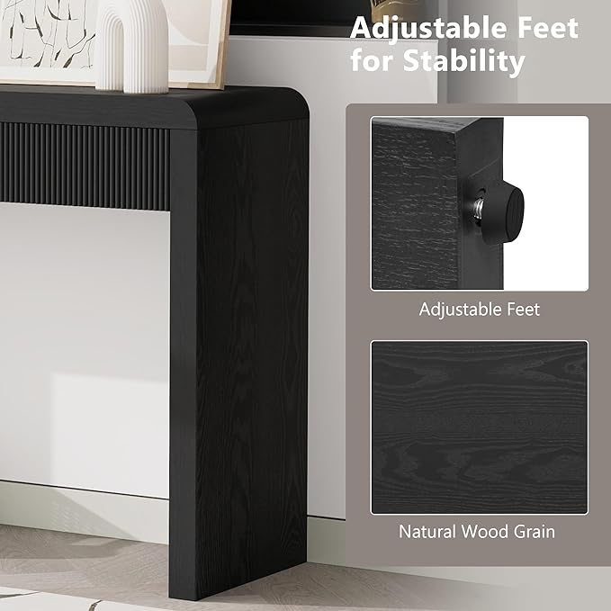 55”Curved Rustic Console Table with 3 Fluted Drawers,Solid Wood Veneer Entry Table Foyer Hallway Table, Narrow Sofa Table Natural Wood Grain for Living Room, Hallway (Black)