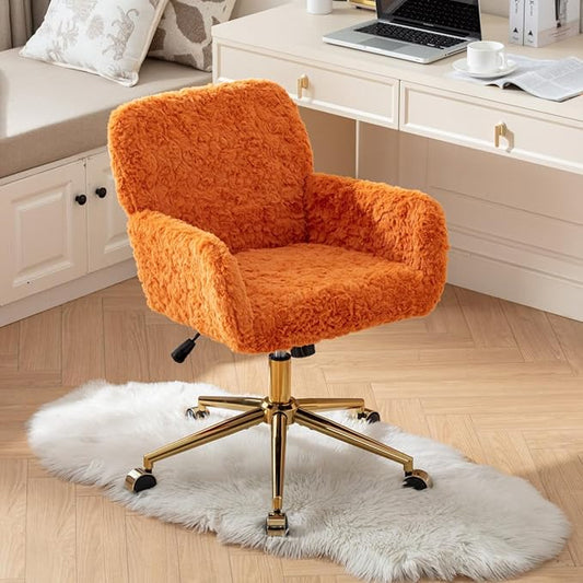 Goujxcy Faux Fur Home Office Chair, Upholstered Elegant Makeup Vanity Chair for Teen Girls Teddy Fabric Swivel Desk Chair, Height Adjustable Leisure Elegant Chair for Home Office (Orange)