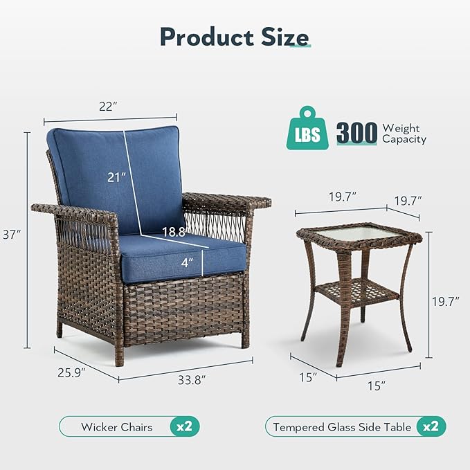 Wicker Outdoor Chairs Set - 3 Pieces Hollow Widen Armrests Patio Furniture Set with Side Table, Comfortable High Back Rattan Chairs for Balcony Porch Deck and Yard - Brown/Blue