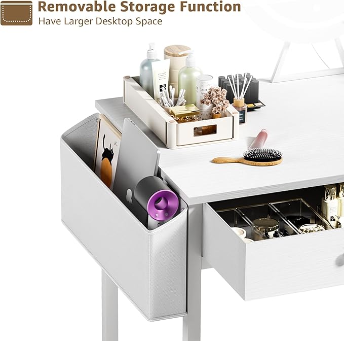 Makeup Vanity Desk with Mirror and Lights - Girls White Vanity Table Set with Chair, Fabric Drawers, Power Outlet, Small Modern Make Up Dressing Table for Bedroom