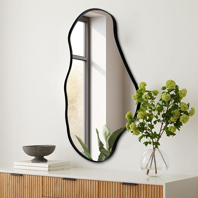Irregular Shaped Mirror, 30"x20" Asymmetrical Mirrors with Metal Frame, Abstract Wall Mirrors Decorative, Modern Funky Mirror for Living Room Bathroom Bedroom Hallway Entryway Fireplace