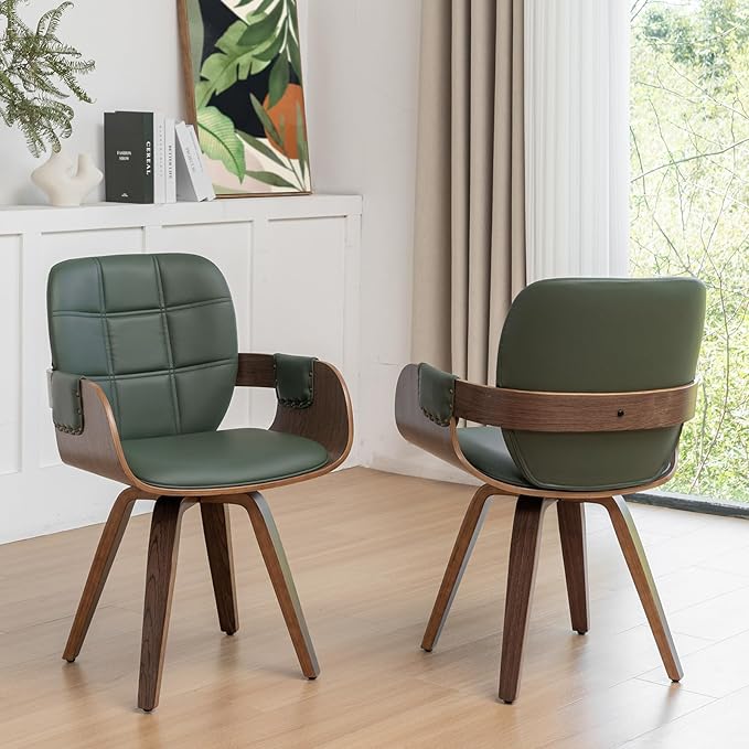 Set of 2 MCM dining Chairs - Swivel Faux Leather Dining Chairs with Arms and Curved Back, Bentwood Structure, Walnut Craftsmanship, Versatile for Kitchen/Restaurant/Conference Room (Walnut Green)