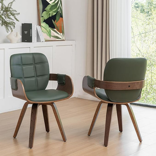 Set of 2 MCM dining Chairs - Swivel Faux Leather Dining Chairs with Arms and Curved Back, Bentwood Structure, Walnut Craftsmanship, Versatile for Kitchen/Restaurant/Conference Room (Walnut Green)