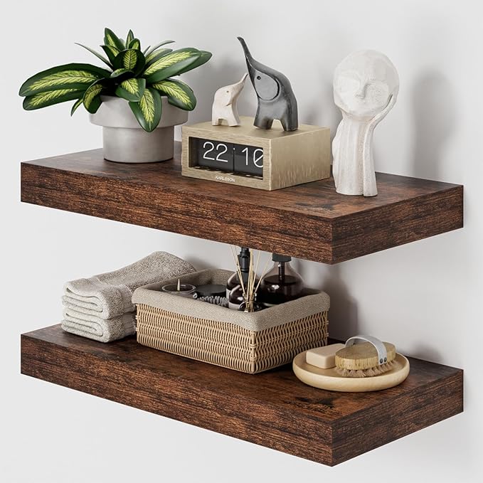 Heimlove 12" Deep Floating Shelves for Wall, 24 Inch Wall Mounted Shelf Set of 2 for Books Living Room Laundry Room Bedroom Kitchen Home Office, Rustic Brown
