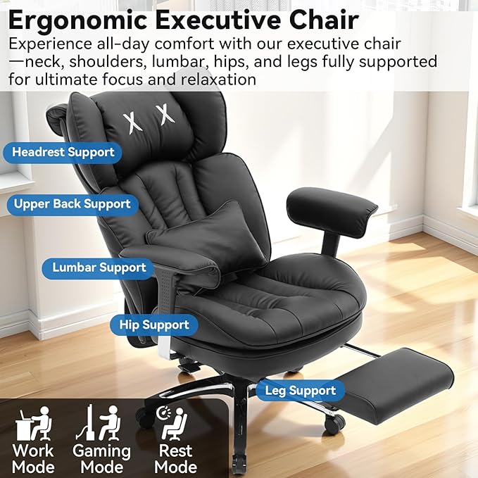 Efomao Big and Tall Office Chair 400lbs, Ergonomic High Back Executive Office Chair with Footrest, Wide Computer Desk Chair for Home Office, Comfortable PU Leather Heavy Duty Chair，Black