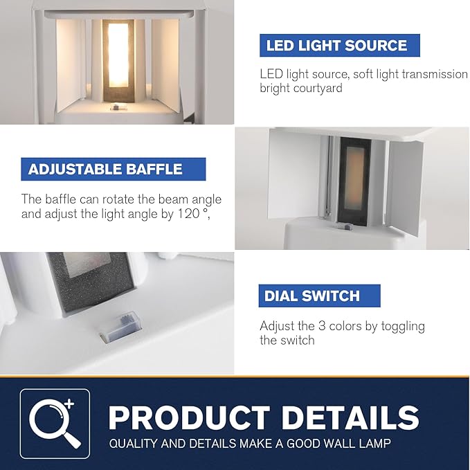 4 Pack LED Outdoor Wall Lights Exterior/Interior 3 Colors Adjustable 15W Wall Light Fixture IP65 Waterproof Porch Exterior Wall Sconce Modern Outdoor Lighting Square Aluminum White Up and Down Lights