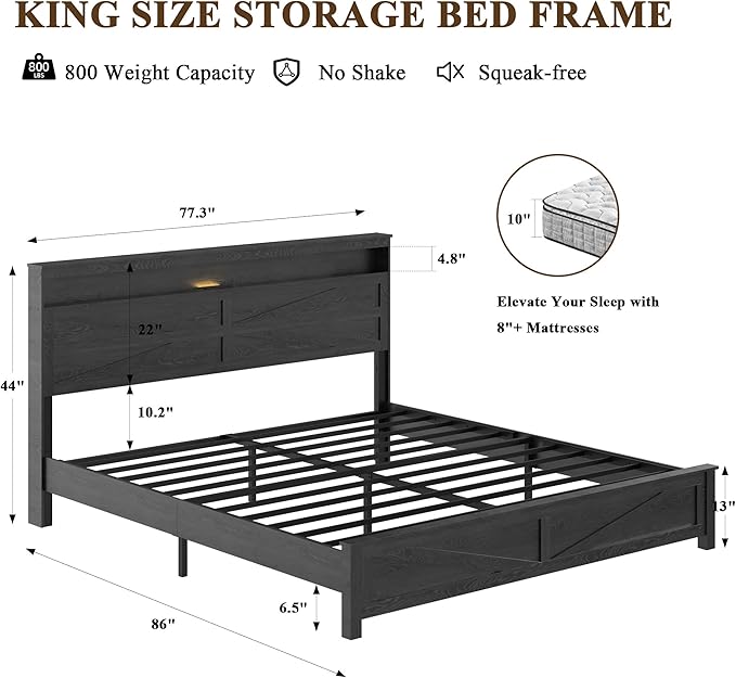 Farmhouse King Size Bed Frame with Headboard Storage Shelf, Wood Platform Bed Frame with LED Lights & Charging Station, Rustic Black Metal Bed, No Box Spring Needed, Noise-Free Sturdy Structure