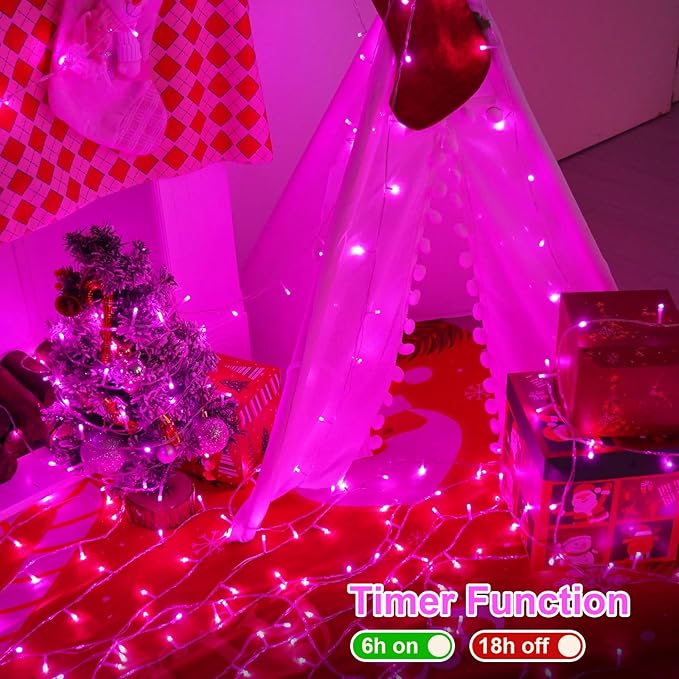 QITONG Pink Christmas Lights Outdoor, 165ft 500 LED String Lights Plug in, Clear Wire Twinkle Xmas Lights Indoor with 8 Modes