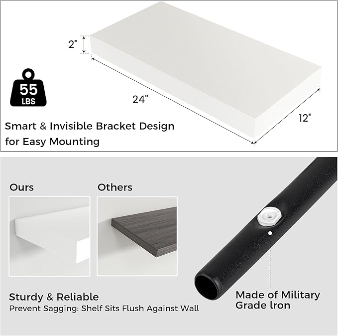 Floating Shelves for Wall, 24 Inch Wide x 12 Inch Deep Floating Shelves, Long Wood Floating Wall Shelf Shelves for Living Room Bathroom Bedroom Kitchen Home - (White, 24" W x 12" D x 2" H)