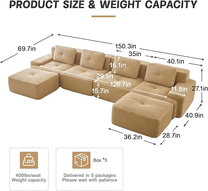 150.4'' Sectional Sofa, 32D Foam Corduroy Boneless Couch with Pillow, Deep Seat Wide Arm Sectional U Shaped Couch for Living Room, Apartment, Bedroom