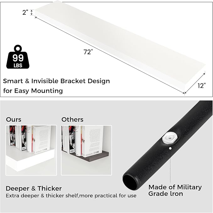 Floating Shelves for Wall, 72 Inch Wide x 12 Inch Deep Floating Shelves, Long Wood Floating Wall Shelf Shelves for Living Room Bathroom Bedroom Kitchen Home - (White, 72" W x 12" D x 2" H)