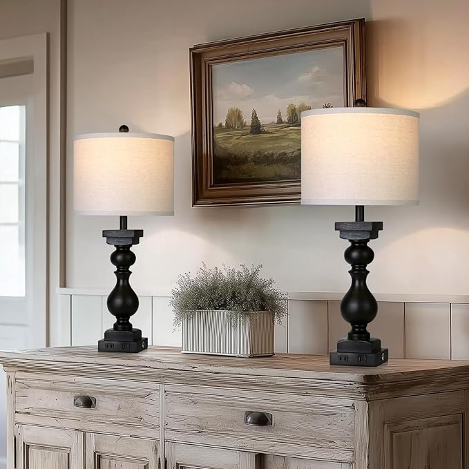 28" Tall Farmhouse Table Lamps Set of 2 with USB C+A Ports and AC Outlet, 3 Way Touch Tall Rustic Bedside Lamps for Living Room, Black Vintage Lamps for Bedroom