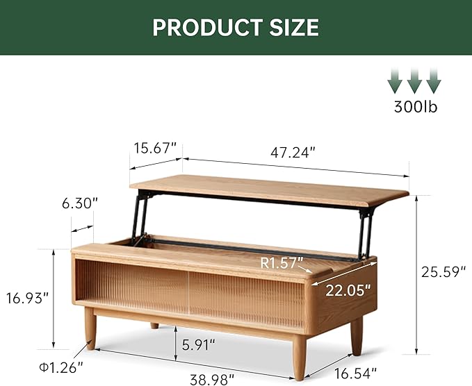 Wood Lift Top Coffee Table, 100% Solid Oak Wood Log Color Coffee Table with Glass Sliding Door, Rectangular Coffee Tables with Storage for Living Room Home Decor(47.24" W)